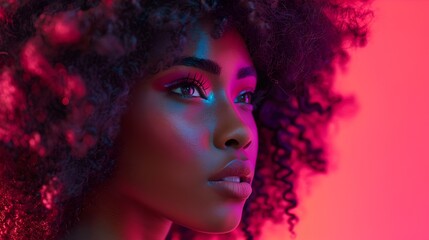 Fototapeta premium Close-up portrait of a young woman with curly hair under vibrant neon lights. Striking colors create a modern, futuristic vibe. AI