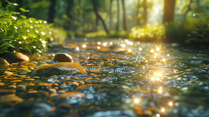 Sunlit Stream with Sparkling Water in Forest - A tranquil forest stream with sunlight creating sparkling reflections on the water, surrounded by lush greenery. Serene nature scene.