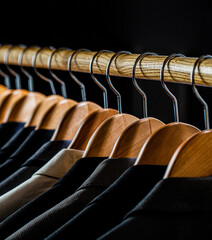 Mens shirts, suit hanging on rack. Suits for men hanging on the rack. Mens suits in different...