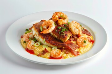 Naklejka premium Cajun Snapper and Shrimp on Cheese Grits with Red Pepper Coulis