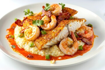 Tasty Cajun Seafood with Red Pepper Coulis and Cheese Grits