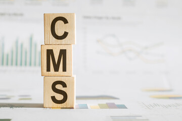Wooden Blocks Stacked to Spell CMS on Desk Against Business Analysis Charts