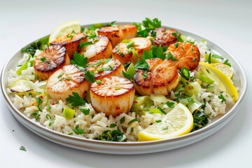 Cajun Spiced Scallops and Rice with Saut&eacute;ed Greens and Zesty Lemon