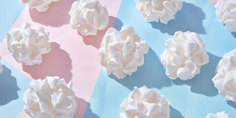 Close-up of white Crumble paper balls on colored background with copy space