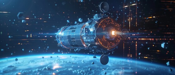 Fototapeta premium A futuristic spaceship travels through space near Earth with debris floating around, showcasing advanced technology and interstellar exploration.