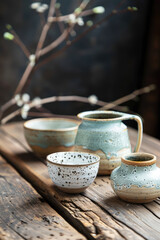 Creative Handmade ceramics on wooden table background.