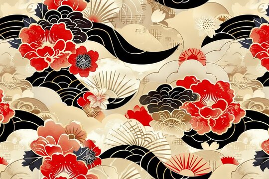 a traditional Japanese-inspired pattern. It showcases red cherry blossoms blooming on black branches wavey background