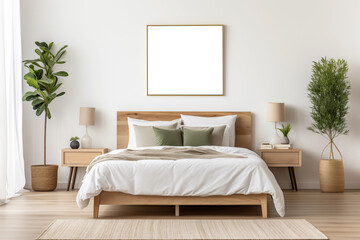 Fototapeta premium Modern style bedroom interior with wooden furniture and mock up frame for wall decoration
