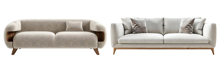 Set of A modern living room with a cutout double seat sofa in light grey isolated on transparent background