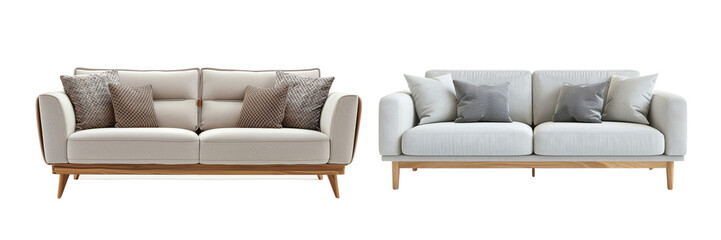 Set of A modern living room with a cutout double seat sofa in light grey isolated on transparent background