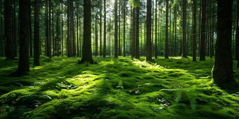 Obraz premium Enchanting Scandinavian Forest Abundant Trees, Green Moss, and Sunlight Filtering Through. Concept Scandinavian Forest, Trees, Green Moss, Sunlight Filtering Through, Enchanting Scenery