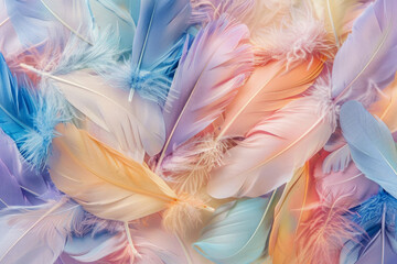 Fototapeta premium A soft and abundant spread of feathers in various colors and sizes, filling the entire frame. The feathers showcase a range of hues from bright and bold to soft pastels.