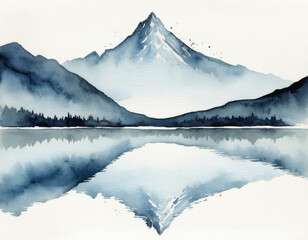 Fototapeta premium watercolor illustration Minimalist ink painting, large areas of white space, mountain shape, water reflection, perspective aesthetics