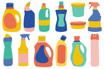  Set of colorful bottles cleaning agent. Chemical detergent for cleaning and disinfection.