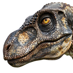 Close-up Hadrosaurus of a realistic dinosaur head with detailed texture, showcasing its eye and facial features.