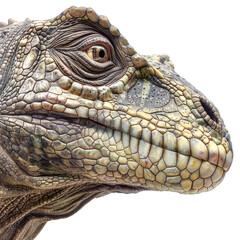 Obraz premium High-detail Iguanodon close-up of a dinosaur head showcasing intricate textures and features on a white background.