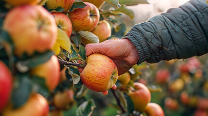 A person harvests ripe apples from a tree in an orchard. Close-up of hand picking apple fruit with...