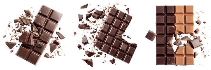 Obraz premium Set of Close-up of a dark and milk chocolate bar breaking apart isolated on transparent background