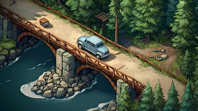 Summer landscape with camping and travel scene. Car in the forest with wooden buildings