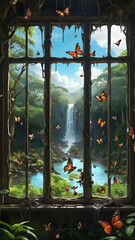 window  scenic jungle waterfalls trees natural paradise: 