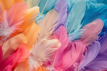 A soft and abundant spread of feathers in various colors and sizes, filling the entire frame. The feathers showcase a range of hues from bright and bold to soft pastels.