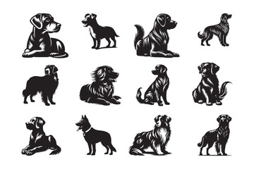 Set of cute dog silhouette vector art illustration.