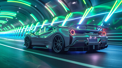 Gunmetal grey sports car in a tunnel with green and blue neon lighting, sleek capture in high resolution.
