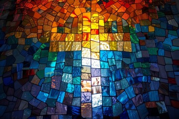 Colorful and beautiful stained glass window of an Christian Cross in a gorgeous majestic frame
