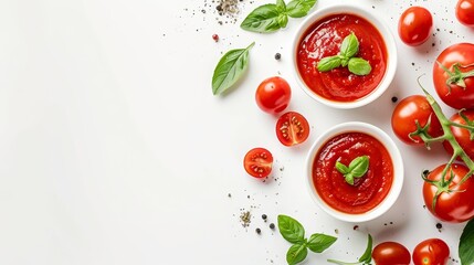 Top view, flat lay of fresh tomato sauce with basil and tomatoes on white background, ample copy space. Ideal for food photography and recipe visuals