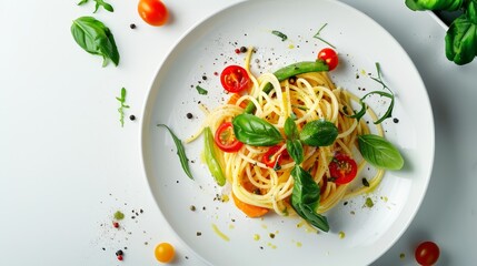 Vibrant spring vegetables star in this delectable pasta primavera, minimalistic design, photorealistic, vibrant, overlay, white plate