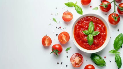 Vibrant tomato sauce with fresh basil and tomatoes, white background, top view. Great for food blogs and recipe content