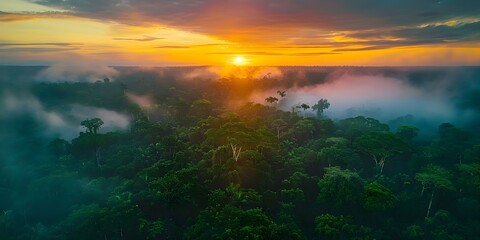 Fototapeta premium Capturing the Vibrant Beauty of the Amazon Forest at Sunset or Sunrise with a Drone. Concept Nature Photography, Sunny Landscapes, Drone Footage, Amazon Rainforest, Sunrise/Sunset
