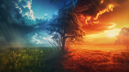 Naklejka premium Dual weathered landscape with a striking tree among contrasting elements