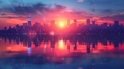Fototapeta premium Radiant Sunset Beauty Over City Skyline - Double Exposure Silhouette with Lively Colors and Ample Copy Space