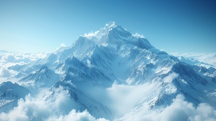 Obraz premium Majestic Snowy Mountain Landscape in 4K Double Exposure with Climber - Close-up View of Crisp Whites and Copy Space, Clear Sky Background