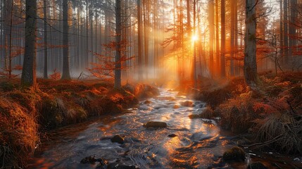 Obraz premium A forest with a stream or river running through it. Sunset and the sun shines through the trees with a warm yellowish light. The trees are lush and green. A natural backdrop. Illustration for design.