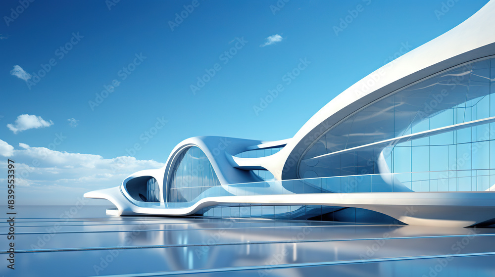 Poster Abstract architecture scene with smooth curves. Abstract background with futuristic building in white and blue colors.