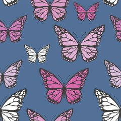 Seamless pattern with funny colorful Butterflies, flowers. Color flat vector illustration for invitation, poster, card, textile, fabric. Butterfly graphic design print. Trendy animal motif wallpaper