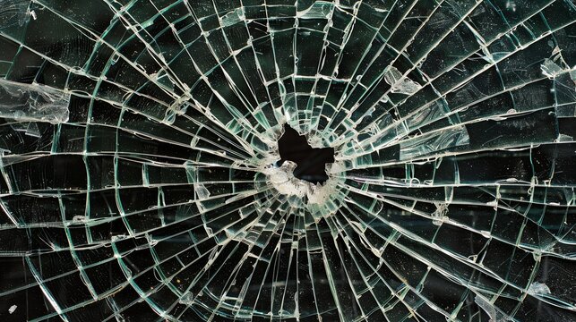 Broken glass on a dark background. After the impact, the glass surface has cracks diverging from the point of impact or bullet hit. The concept of destruction, vulnerability and fragility of existence