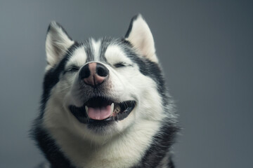 Obraz premium Head shot of black and white husky dog looking at the camera on a gray studio background
