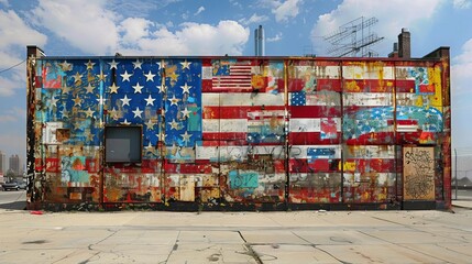 A patriotic mural with American flag elements, urban setting, vibrant colors