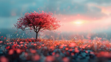 Spring Blossoms: Close-Up of Pink Flowering Tree with Vivid Colors and Double Exposure Silhouette