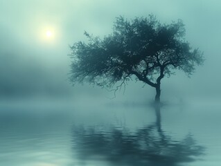 Mystical Double Exposure of Tree in Foggy Forest Morning with Soft Ethereal Tones and Copy Space for Text