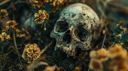 In the dirt, a skull is encircled by flowers and grasses