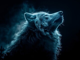 Naklejka premium Mystical Wolf Howling at Moon in Double Exposure Silhouette - Dark and Enigmatic Wildlife Concept with Copy Space