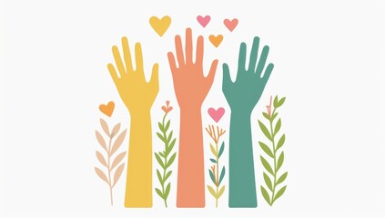 Unity and Support Logo with Diverse Hands and Hearts in Pastel Colors, Minimalist Illustration Symbolizing Growth and Environmental Awareness