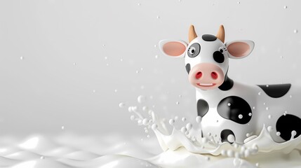 Naklejka premium Splash of milk and cute cow with blank space background for advertising