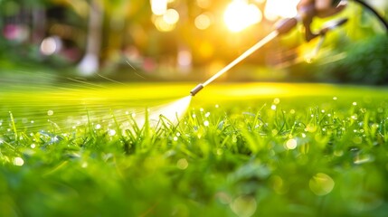 Pest control worker spraying pesticide on green lawn outdoors for effective pest management