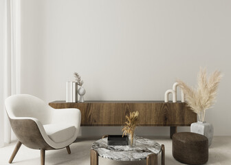 Wall mockup interior living minimalist white boho style for wallpaper and artwork