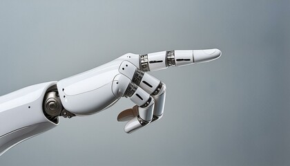 Robot hand pointing at page with space for text, white artificial hand making gesture, isolated on gray background